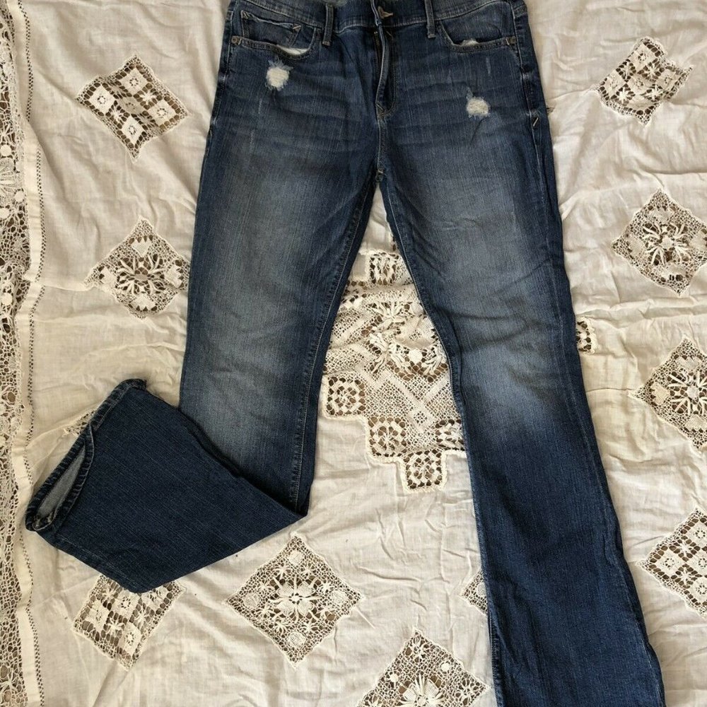 EXPRESS Women's 12 Slim Flare Leg Jeans Mid-Rise 33 Inseam Distressed Blue NICE